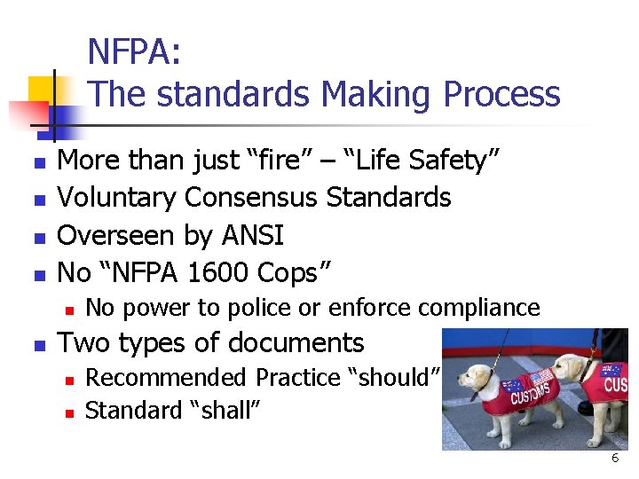 NFPA: The standards Making Process n n More than just “fire” – “Life Safety”