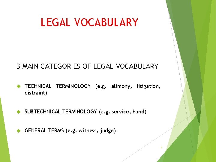 LEGAL VOCABULARY 3 MAIN CATEGORIES OF LEGAL VOCABULARY TECHNICAL TERMINOLOGY (e. g. alimony, litigation,