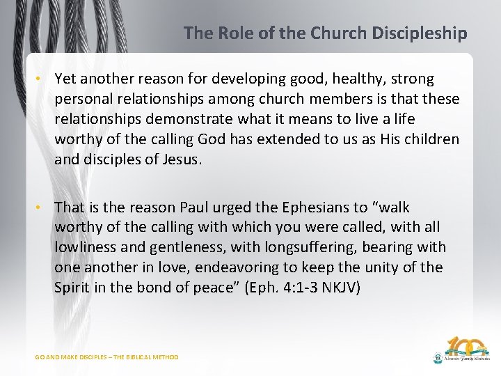 The Role of the Church Discipleship • Yet another reason for developing good, healthy,