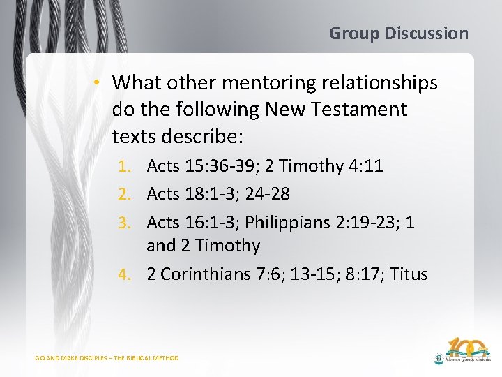 Group Discussion • What other mentoring relationships do the following New Testament texts describe: