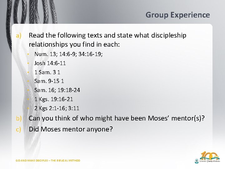 Group Experience a) Read the following texts and state what discipleship relationships you find