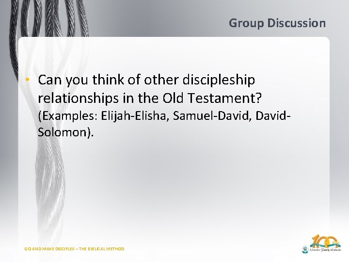 Group Discussion • Can you think of other discipleship relationships in the Old Testament?