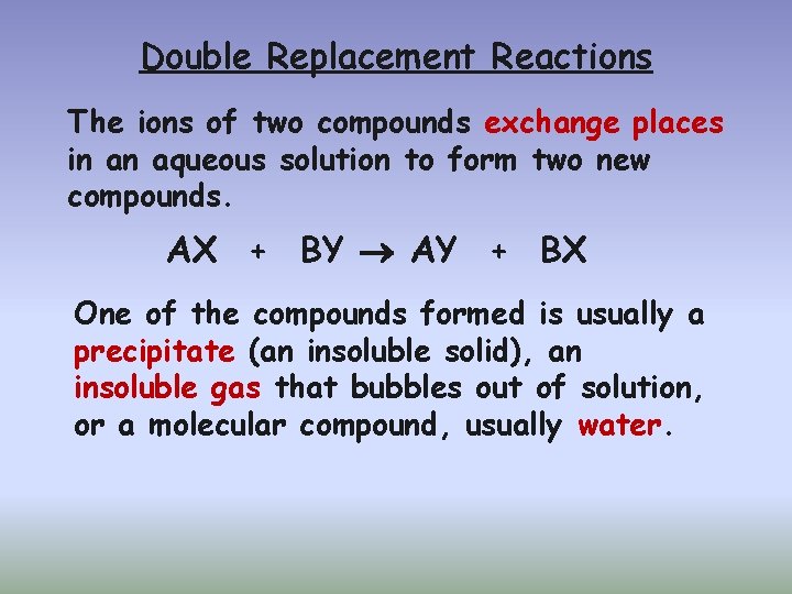 Double Replacement Reactions The ions of two compounds exchange places in an aqueous solution