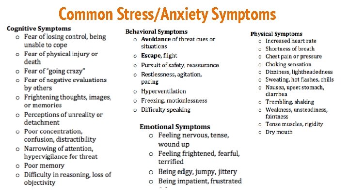 Common Stress/Anxiety Symptoms 