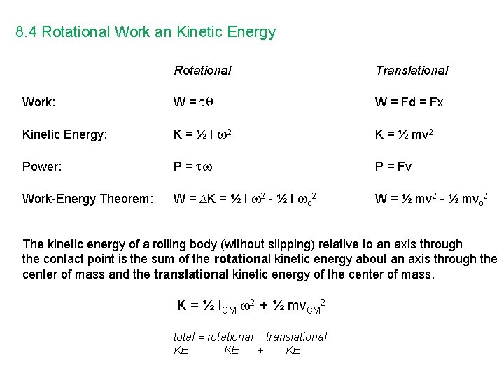 8. 4 Rotational Work an Kinetic Energy Rotational Translational Work: W = Fd =