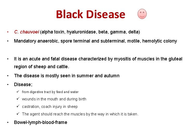 Black Disease • C. chauvoei (alpha toxin, hyaluronidase, beta, gamma, delta) • Mandatory anaerobic,
