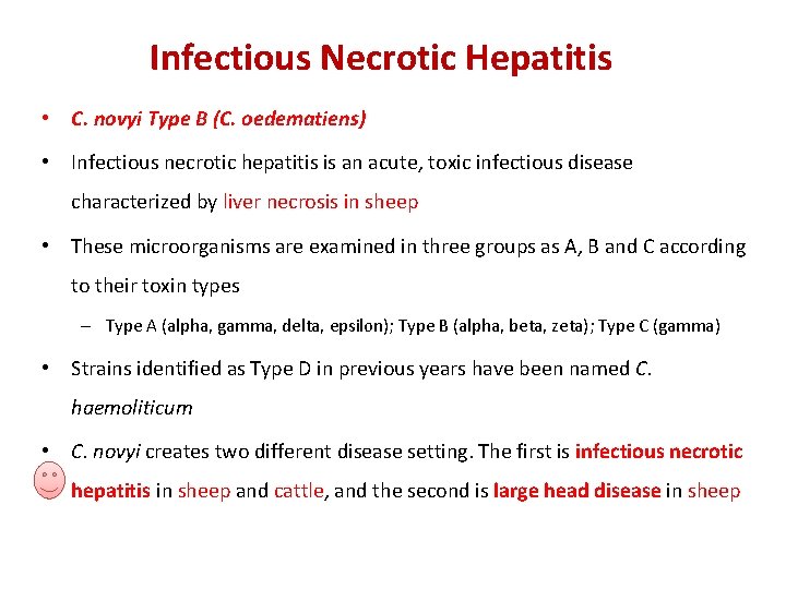 Infectious Necrotic Hepatitis • C. novyi Type B (C. oedematiens) • Infectious necrotic hepatitis