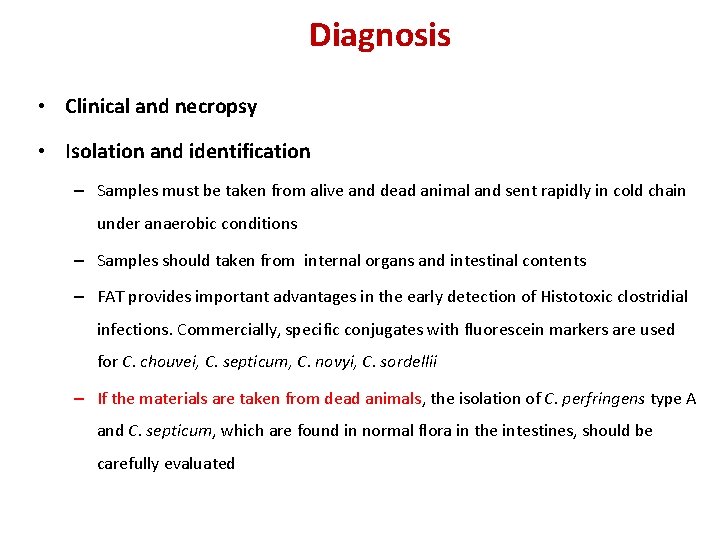 Diagnosis • Clinical and necropsy • Isolation and identification – Samples must be taken