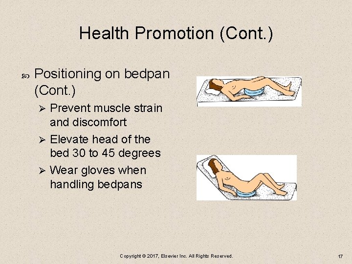 Health Promotion (Cont. ) Positioning on bedpan (Cont. ) Prevent muscle strain and discomfort