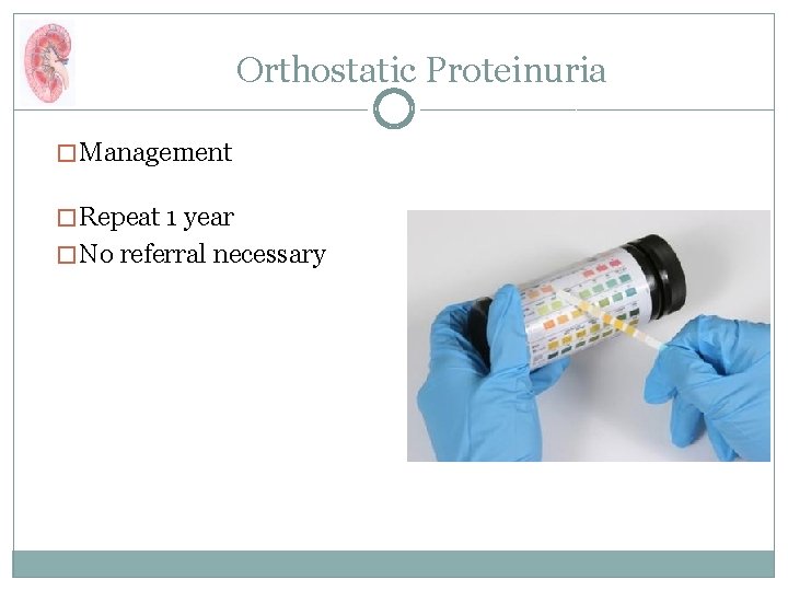 Orthostatic Proteinuria � Management � Repeat 1 year � No referral necessary 