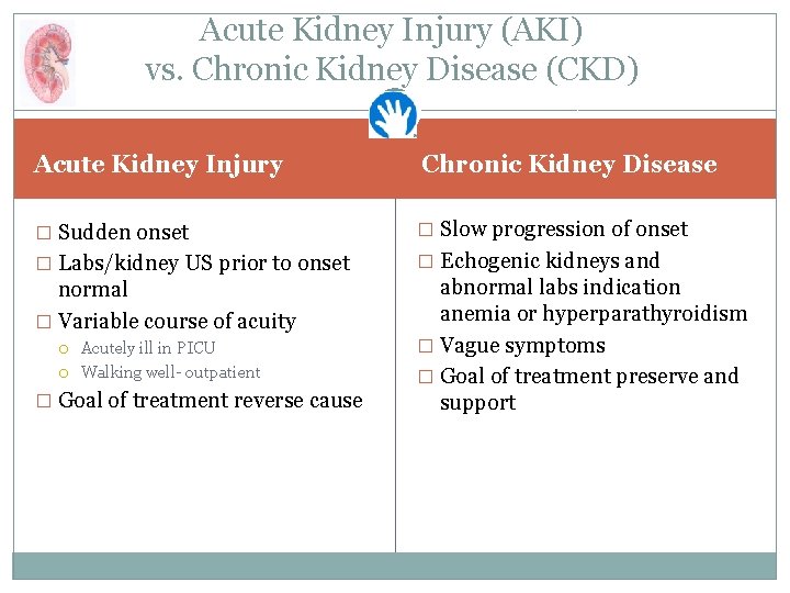 Acute Kidney Injury (AKI) vs. Chronic Kidney Disease (CKD) Acute Kidney Injury Chronic Kidney