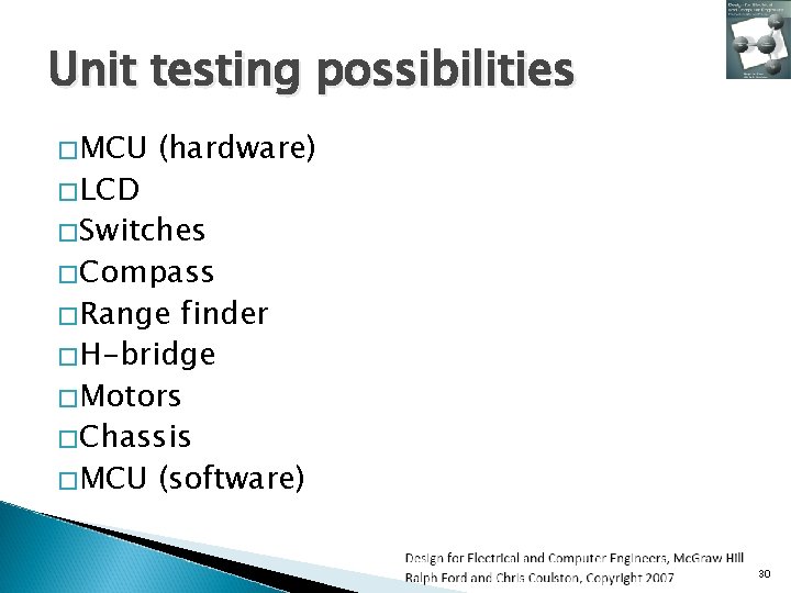 Unit testing possibilities �MCU �LCD (hardware) �Switches �Compass �Range finder �H-bridge �Motors �Chassis �MCU