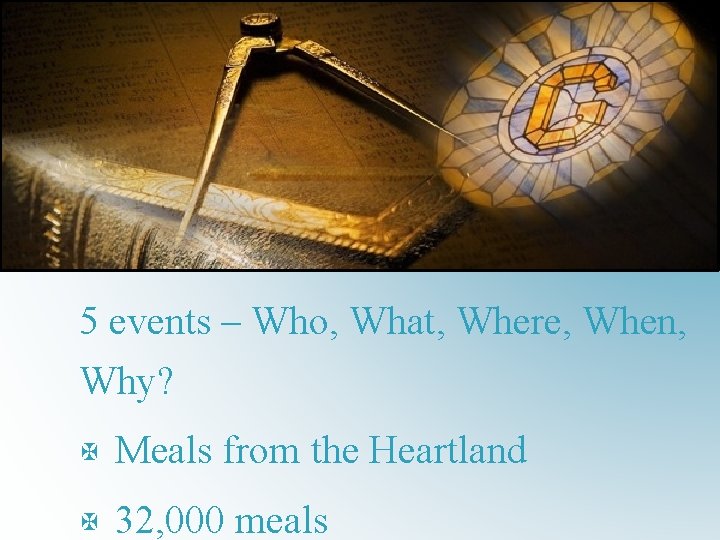 5 events – Who, What, Where, When, Why? X Meals from the Heartland X