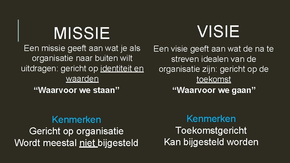 MISSIE Een missie geeft aan wat je als organisatie naar buiten wilt uitdragen: gericht