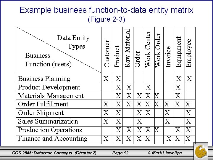 Example business function-to-data entity matrix Data Entity Types Business Function (users) Business Planning Product