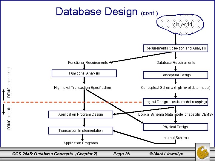 Database Design (cont. ) Miniworld Requirements Collection and Analysis DBMS-independent Functional Requirements Database Requirements