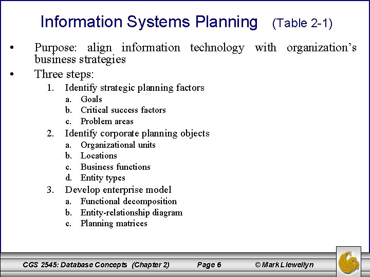 Information Systems Planning • • (Table 2 -1) Purpose: align information technology with organization’s
