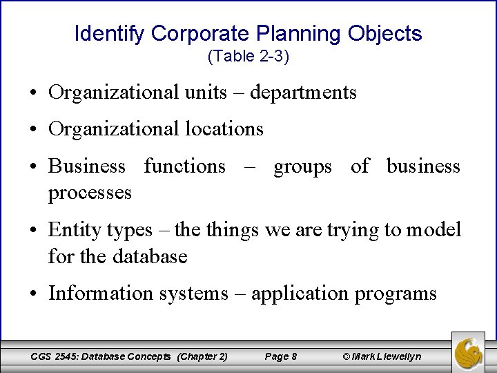 Identify Corporate Planning Objects (Table 2 -3) • Organizational units – departments • Organizational