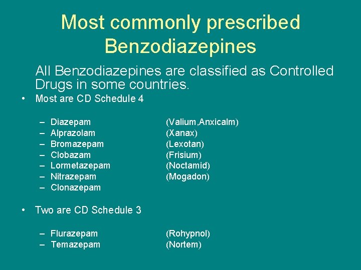 Most commonly prescribed Benzodiazepines All Benzodiazepines are classified as Controlled Drugs in some countries.