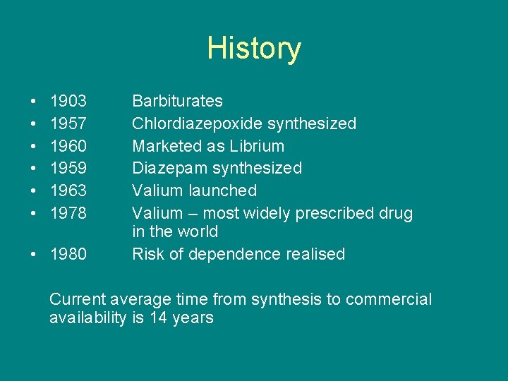 History • • • 1903 1957 1960 1959 1963 1978 • 1980 Barbiturates Chlordiazepoxide