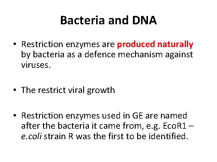Bacteria and DNA • Restriction enzymes are produced naturally by bacteria as a defence