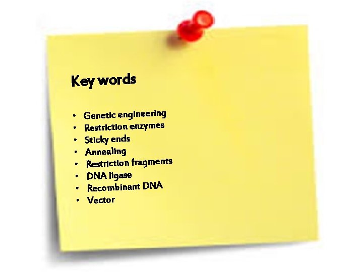 Key words • • Genetic engineering Restriction enzymes Sticky ends Annealing Restriction fragments DNA