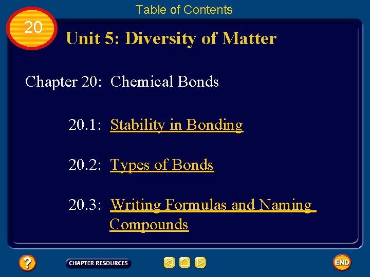 Table of Contents 20 Unit 5: Diversity of Matter Chapter 20: Chemical Bonds 20.