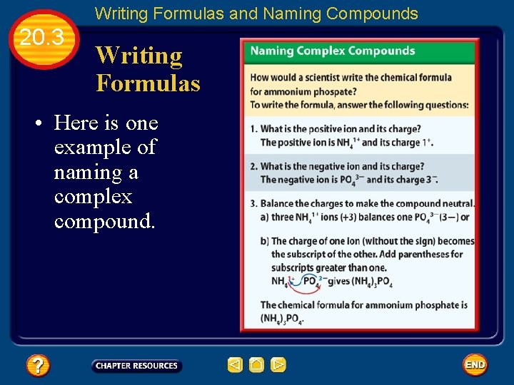 Writing Formulas and Naming Compounds 20. 3 Writing Formulas • Here is one example
