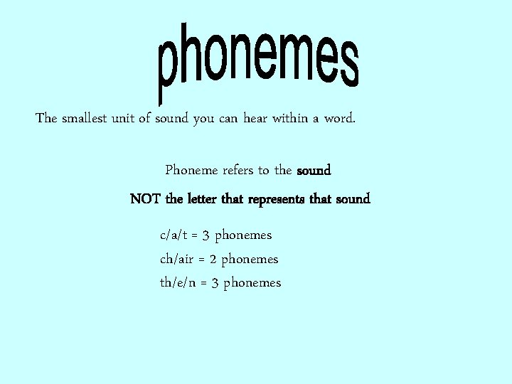The smallest unit of sound you can hear within a word. Phoneme refers to