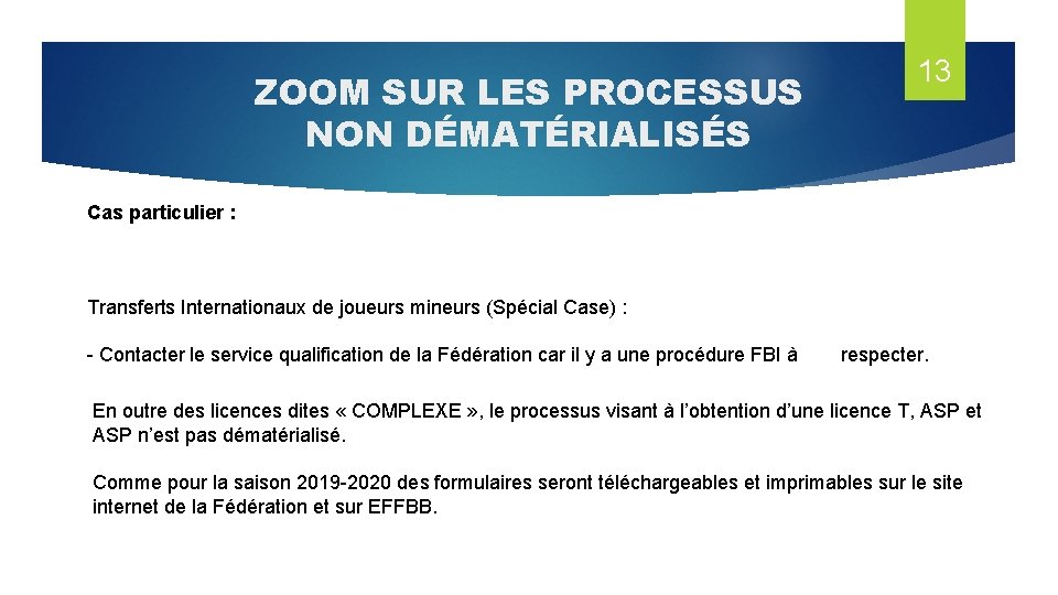 ZOOM SUR LES PROCESSUS NON DÉMATÉRIALISÉS 13 Cas particulier : Transferts Internationaux de joueurs