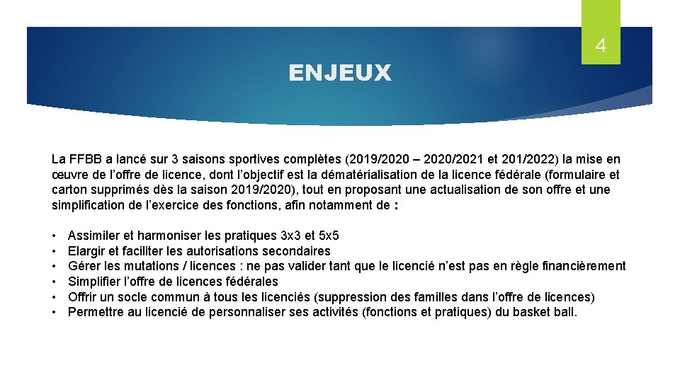 ENJEUX 4 La FFBB a lancé sur 3 saisons sportives complètes (2019/2020 – 2020/2021