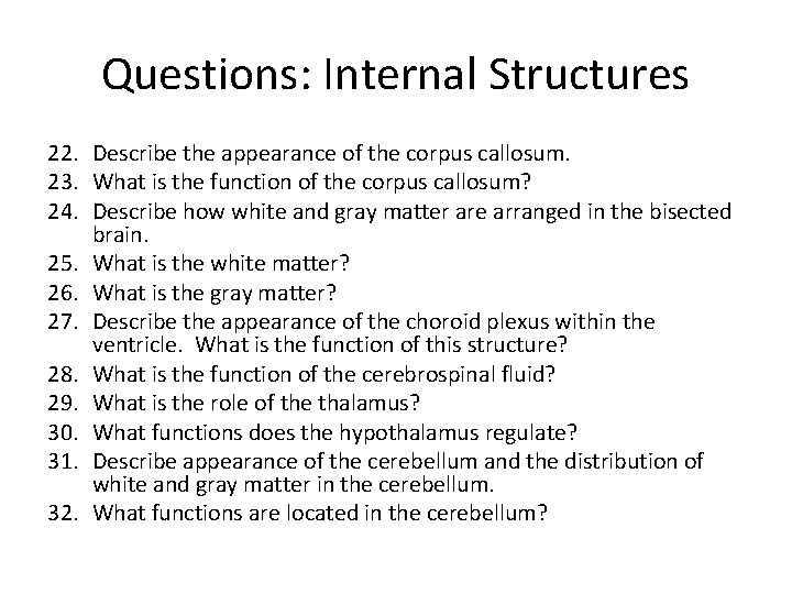 Questions: Internal Structures 22. Describe the appearance of the corpus callosum. 23. What is