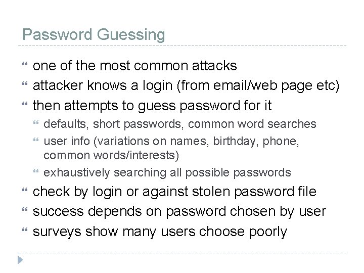 Password Guessing one of the most common attacks attacker knows a login (from email/web
