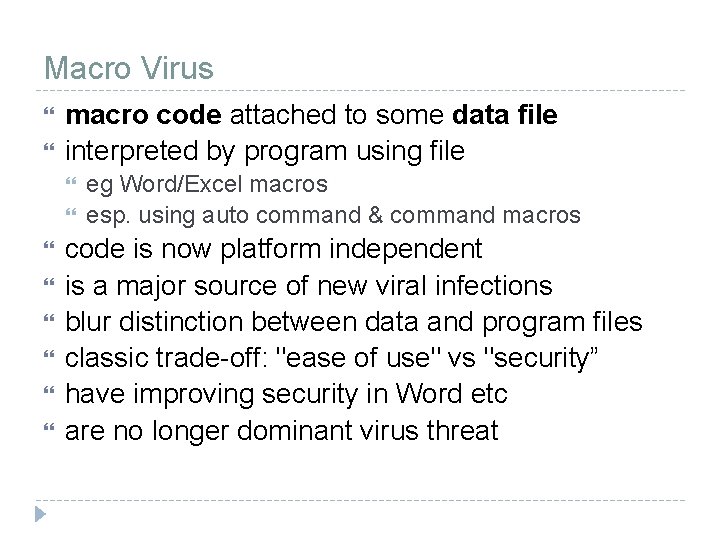 Macro Virus macro code attached to some data file interpreted by program using file