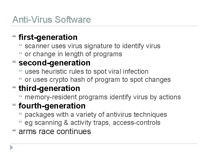 Anti-Virus Software first-generation second-generation memory-resident programs identify virus by actions fourth-generation uses heuristic rules