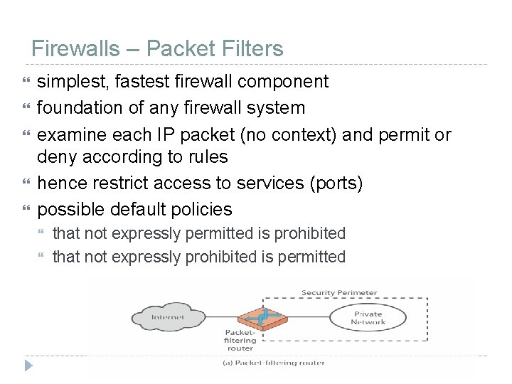 Firewalls – Packet Filters simplest, fastest firewall component foundation of any firewall system examine