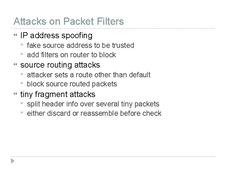 Attacks on Packet Filters IP address spoofing source routing attacks fake source address to