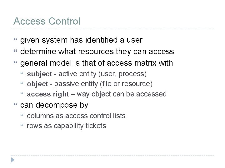 Access Control given system has identified a user determine what resources they can access