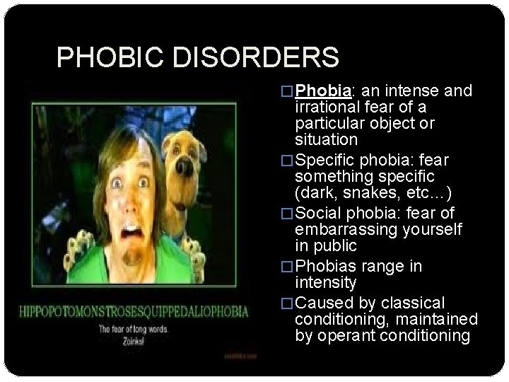 PHOBIC DISORDERS � Phobia: an intense and irrational fear of a particular object or