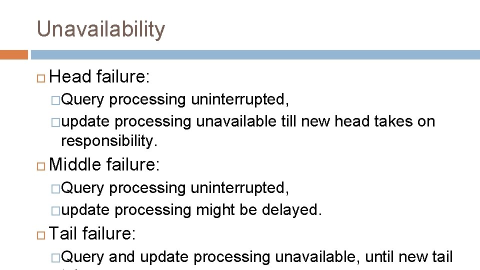 Unavailability Head failure: �Query processing uninterrupted, �update processing unavailable till new head takes on