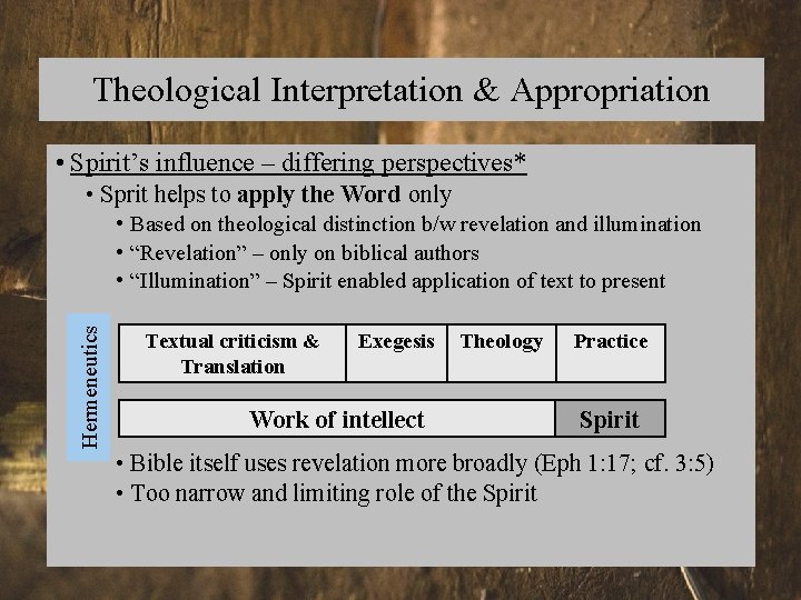 Theological Interpretation & Appropriation • Spirit’s influence – differing perspectives* • Sprit helps to