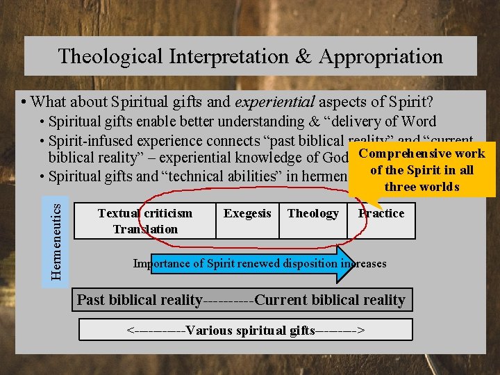 Theological Interpretation & Appropriation • What about Spiritual gifts and experiential aspects of Spirit?