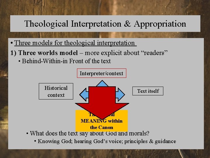 Theological Interpretation & Appropriation • Three models for theological interpretation 1) Three worlds model
