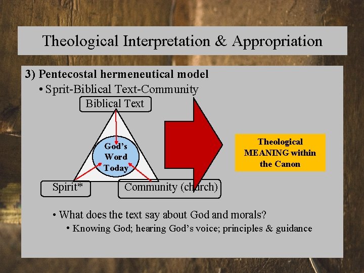 Theological Interpretation & Appropriation 3) Pentecostal hermeneutical model • Sprit-Biblical Text-Community Biblical Text God’s