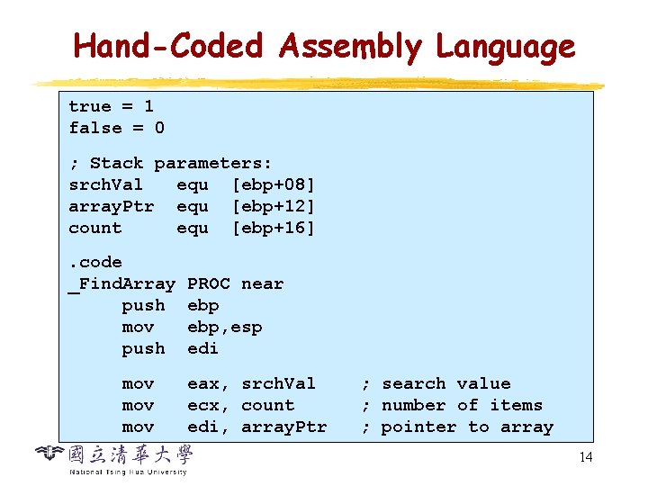 Hand-Coded Assembly Language true = 1 false = 0 ; Stack parameters: srch. Val