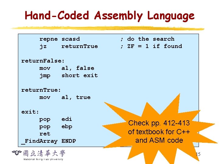 Hand-Coded Assembly Language repne scasd jz return. True ; do the search ; ZF