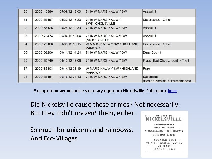 Excerpt from actual police summary report on Nickelsville. Full report here. Did Nickelsville cause