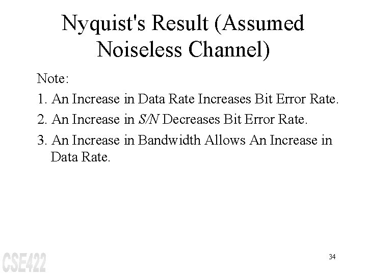 Nyquist's Result (Assumed Noiseless Channel) Note: 1. An Increase in Data Rate Increases Bit