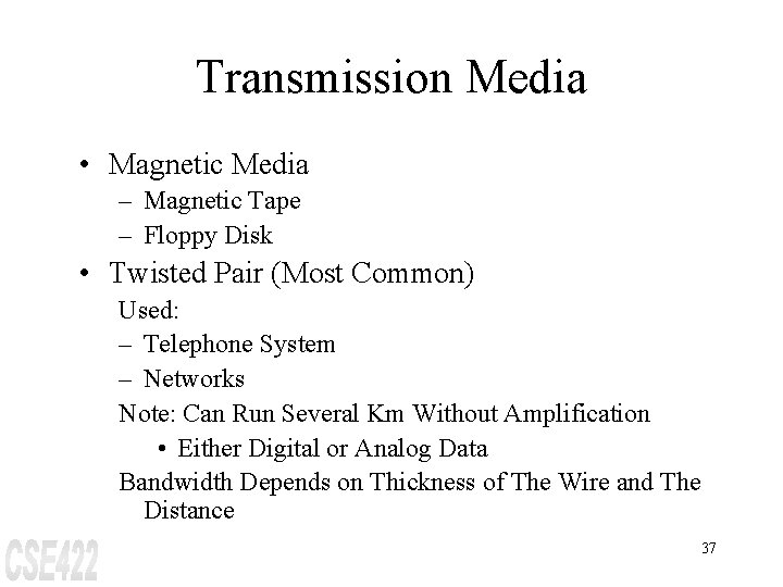 Transmission Media • Magnetic Media – Magnetic Tape – Floppy Disk • Twisted Pair