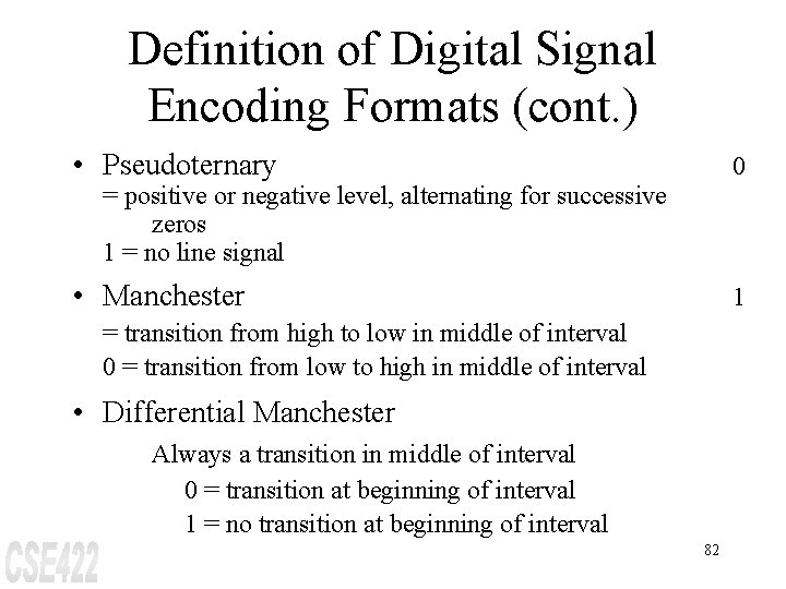 Definition of Digital Signal Encoding Formats (cont. ) • Pseudoternary 0 • Manchester 1